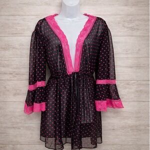 Lunaire Sheer Polka Dot Robe Lace Trim Pink Black Boudoir 2X Coquette Loungewear
